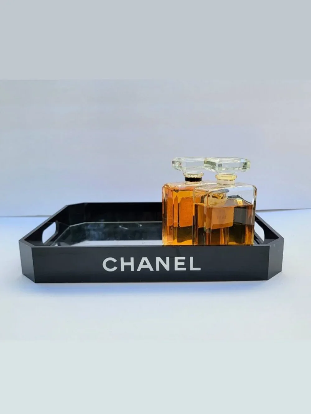 Authetic CHANEL black acrylic tray, mirror surface, handles for vanity display